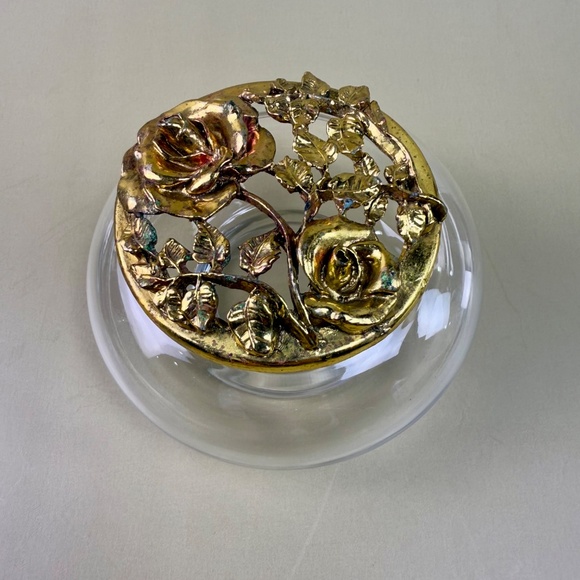 Vintage Glass Trinket Dish with Ornate Brass Rose Lid | Hollywood Regency Style - Picture 5 of 13